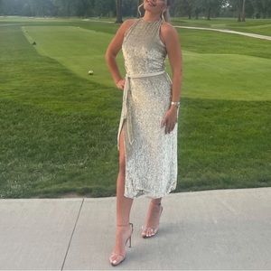 Retrofete Silver Sequin Midi Belted Dress